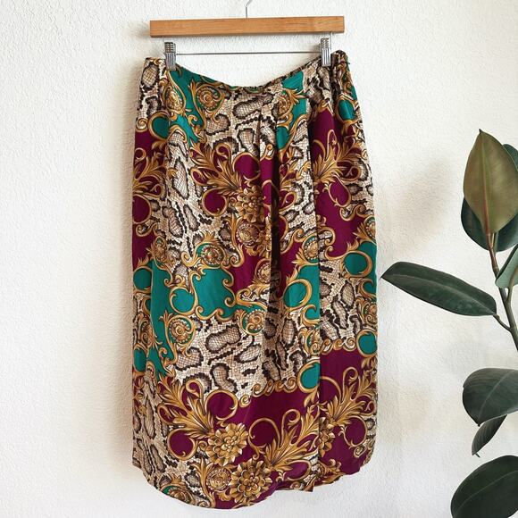VTG Sk & Company Midi 100% Silk Midi Skirt Size 16 Faux Wrap Retro Mobwife Artsy - Picture 1 of 8